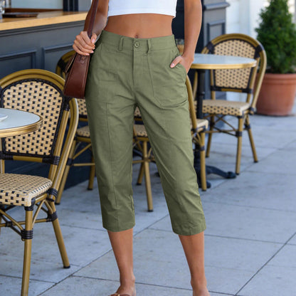Women's Solid Color High Waist Cargo Capris With Patch Pockets, Summer Casual Work Cropped Pants