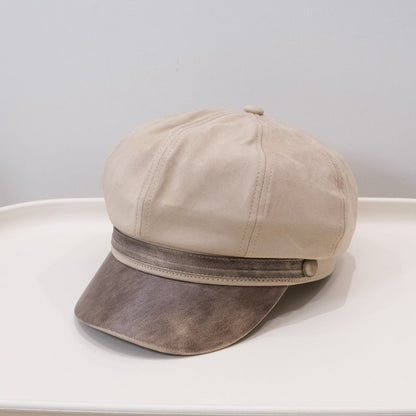 Winter Spring Vintage Ruffled Octagonal Newsboy Hat With Leather Buckle, Soft Top And Curved Brim, Fashionable British Style Beret
