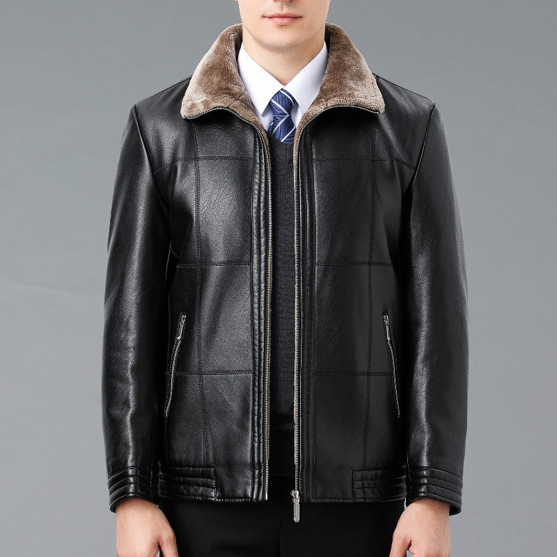 Genuine Leather And Fur One-piece Overcoat With A Lapel Lined With Fleece For Extra Warmth
