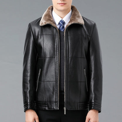 Genuine Leather And Fur One-piece Overcoat With A Lapel Lined With Fleece For Extra Warmth