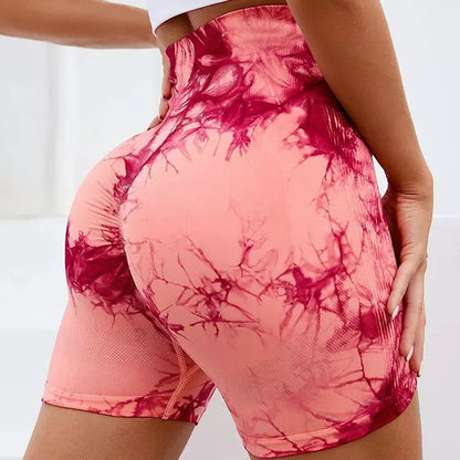 Summer European And American Tie-dyed Three-point Fitness Pants Women's High Waist Hip Lifting Tight Sports Running Peach Belly Contracting Yoga Shorts