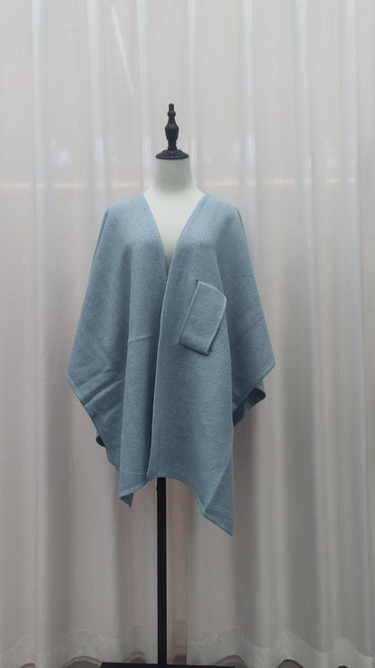 Faux Fur Collar Pom Pom Knitted Cardigan Cape - Women's Warm Winter Shawl Wrap Coat