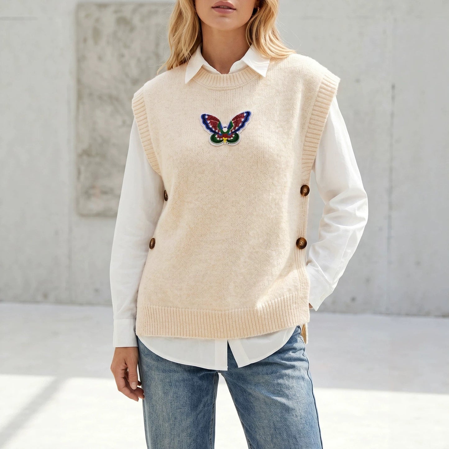 Knitted Women's Jacket Round-Neck Sequin Butterfly Vest