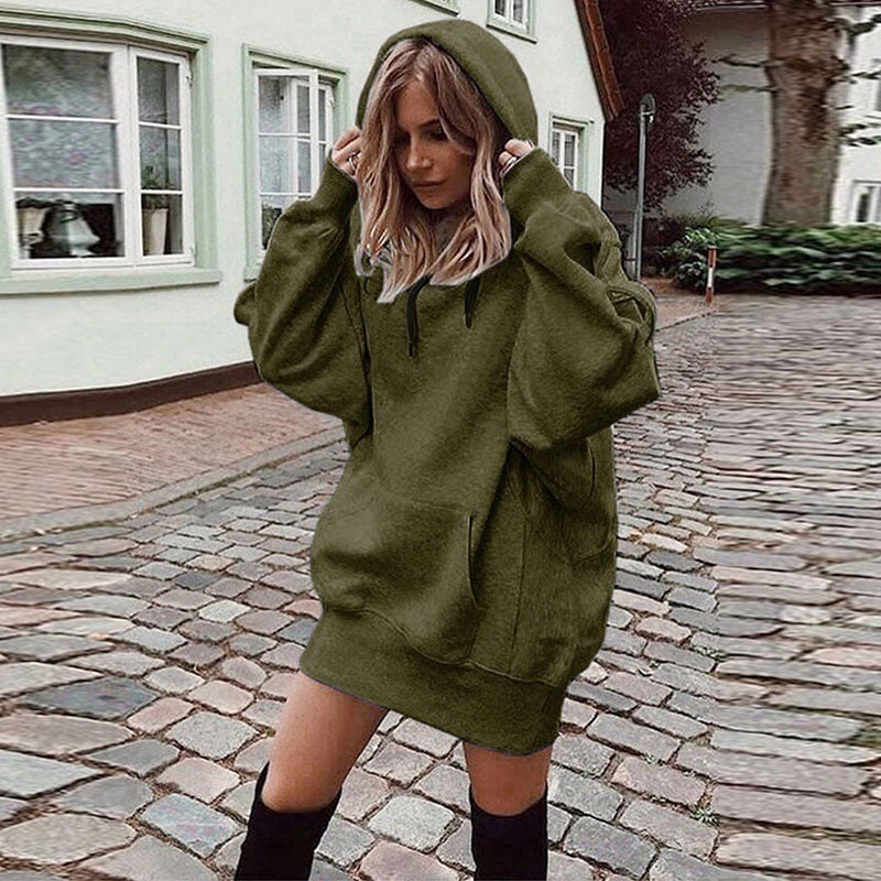 Women's Solid Color Pullover Hooded Loose Fleece Sweater
