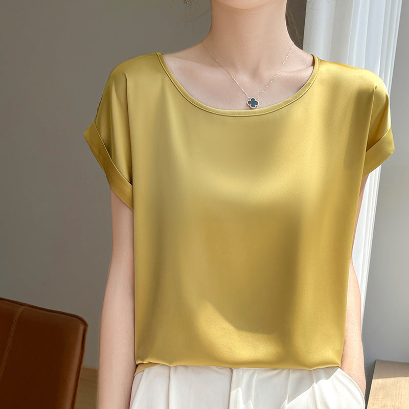 French-style Minimalist Chic Round-neck Short-sleeve Blouse For Women