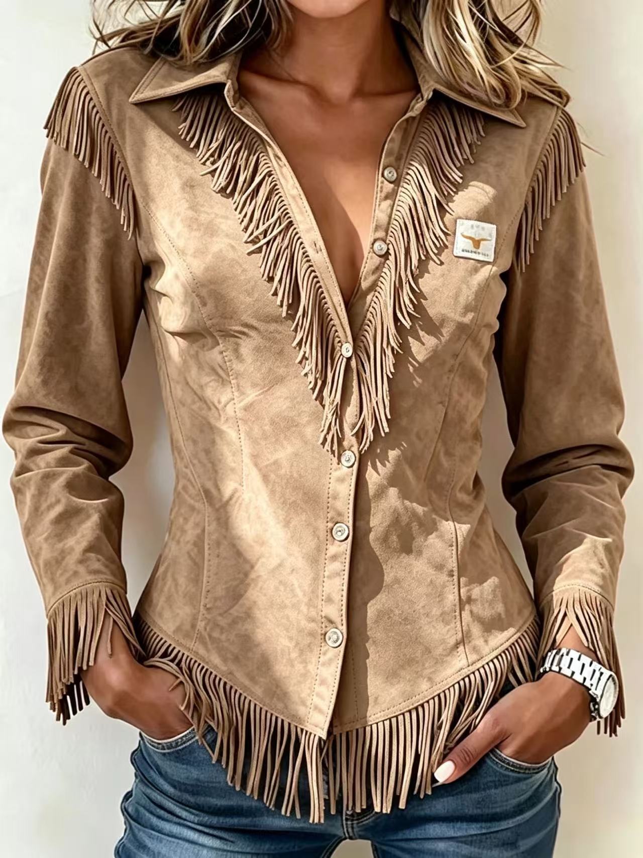 Spot Amazon Foreign Trade Cross-Border 2025 Western Cowboy Style Suede Tassel Slim Long-Sleeved Shirt