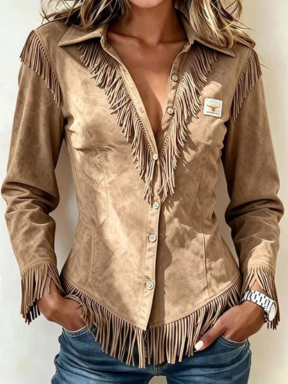 Spot Amazon Foreign Trade Cross-Border 2025 Western Cowboy Style Suede Tassel Slim Long-Sleeved Shirt