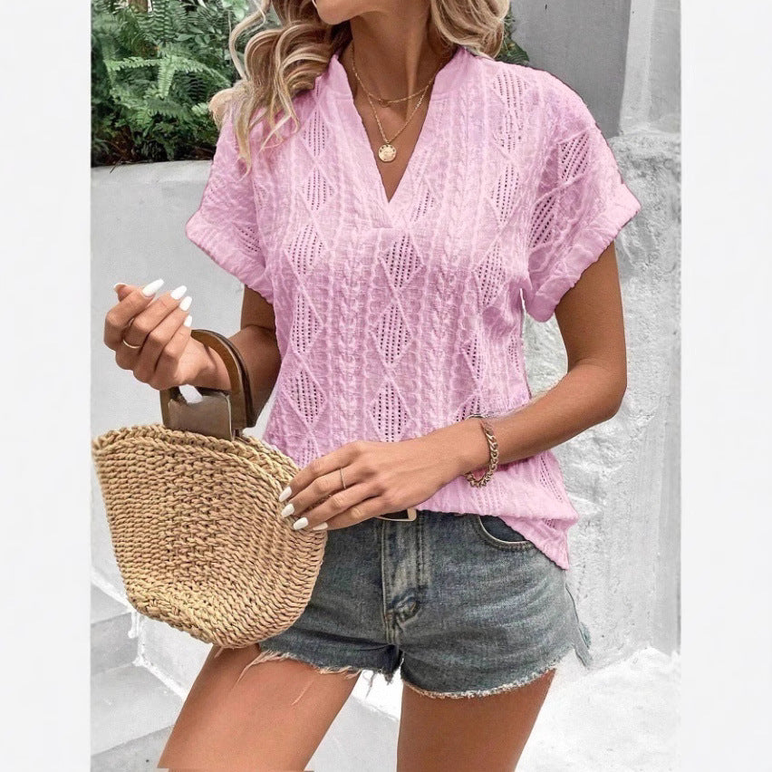 European And American Cross-Border Summer New Casual Hollow Jacquard V-Neck Loose Short-Sleeved Shirt For Women
