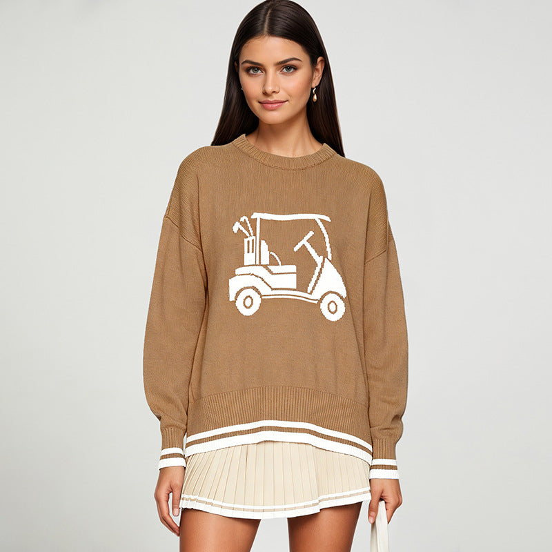 Round-neck Loose-fit Long-sleeve Jacquard-knit Pullover Sweater Top