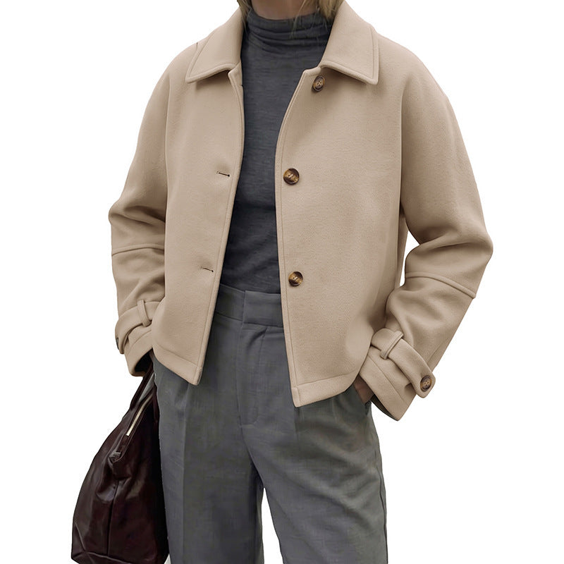 Straight-cut Cropped Lapel Wool Coat For Women