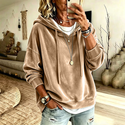 Womens Casual Solid-Color Hooded Long-Sleeve Top With Drawstring