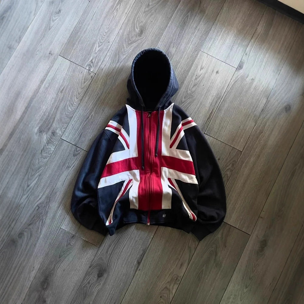 Fashionable Patchwork Hooded Zip-Up Sweatshirt Jacket