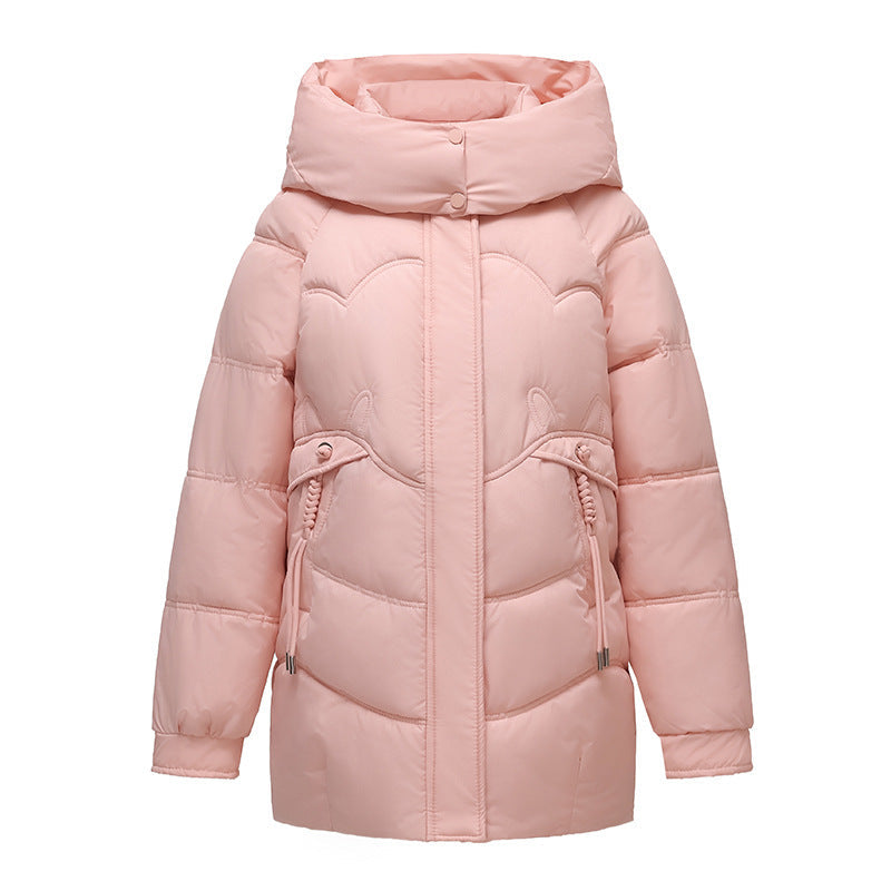 Womens New Solid-Color Mid-Length Puffer Jacket With Hood