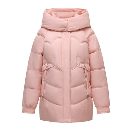 Womens New Solid-Color Mid-Length Puffer Jacket With Hood