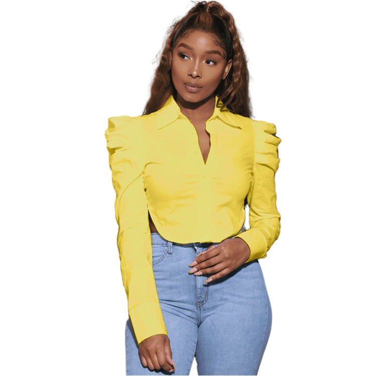 Womens Fashion Cropped Lapel-collar Long-sleeve Slit Blouse