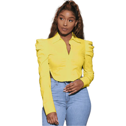 Womens Fashion Cropped Lapel-collar Long-sleeve Slit Blouse