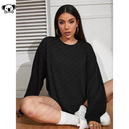 Womens Loose-Fit Solid-Color Plus-Size Long-Sleeve T-Shirt