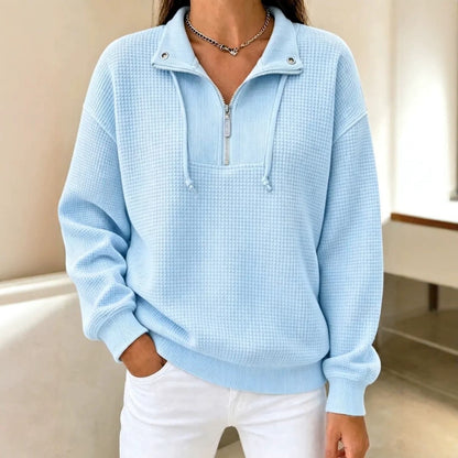 Autumn Solid-Color Stand-Neck Zippered Long-Sleeve Patchwork Womens Sweatshirt