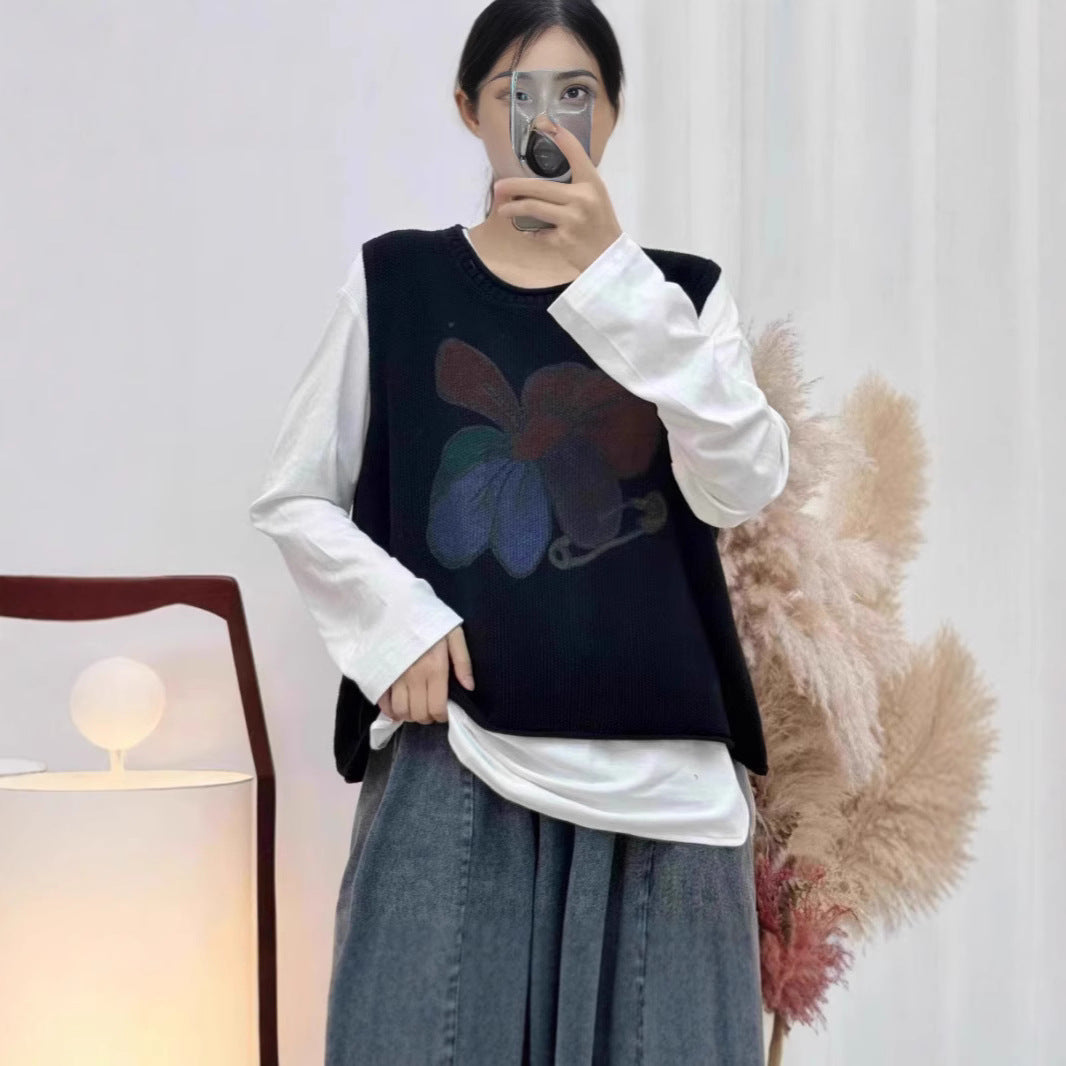 Womens Floral-Print Crew-Neck Loose-Fit Vintage Knitted Vest