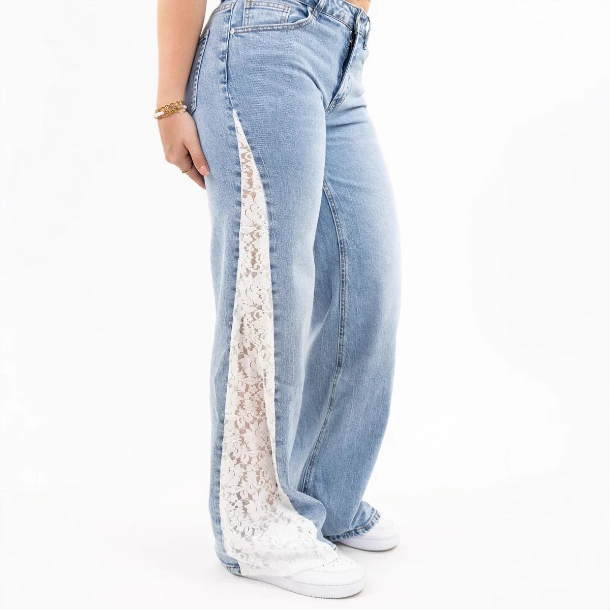 Stretch Lace Straight-leg Denim Jeans