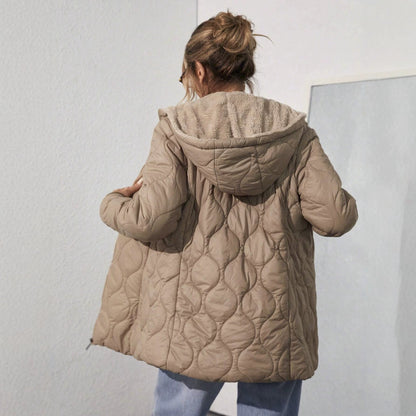 Womens Mid-Length Hooded Padded Coat With Fleece Lining