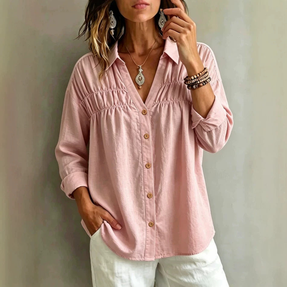 Loose-fit Casual Long-sleeve V-neck Womens Blouse With Buttons