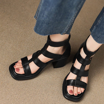 Summer Women's Soft Leather Open-toe Platform Chunky-heel Sandals