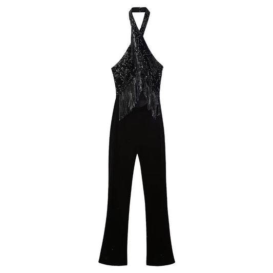 New Halter Backless Tassel Beads Decoration Jumpsuit