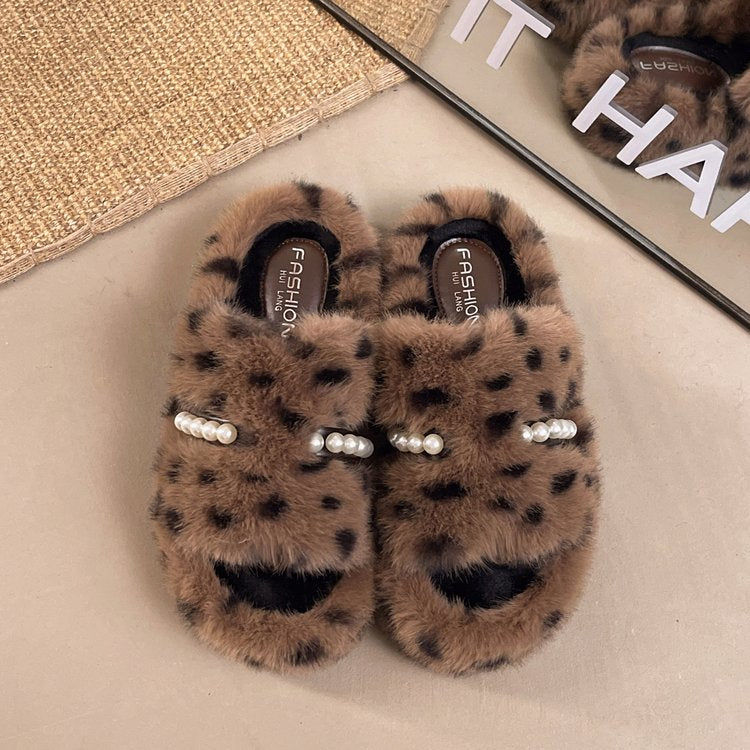 Women's French Style Plus Size Leopard Print Furry Slippers, Wearable Outdoors, 2026 Autumn Winter New Arrival, Round Toe Lazy Platform Cotton Slippers