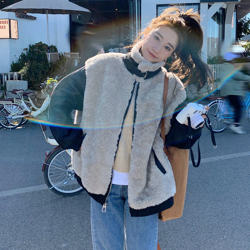 Patchwork Stand Collar Lamb Wool Motorcycle Coat