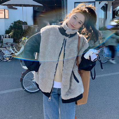 Patchwork Stand Collar Lamb Wool Motorcycle Coat