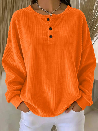 Women's Loose-fitting Round-neck Solid-color Button Sweatshirt