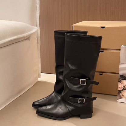 Women's Pointed Toe Buckle Ruched Slouch Boots, New Autumn Winter Tall Punk Knight Boots, Trendy Hot Girl Boots For Dresses