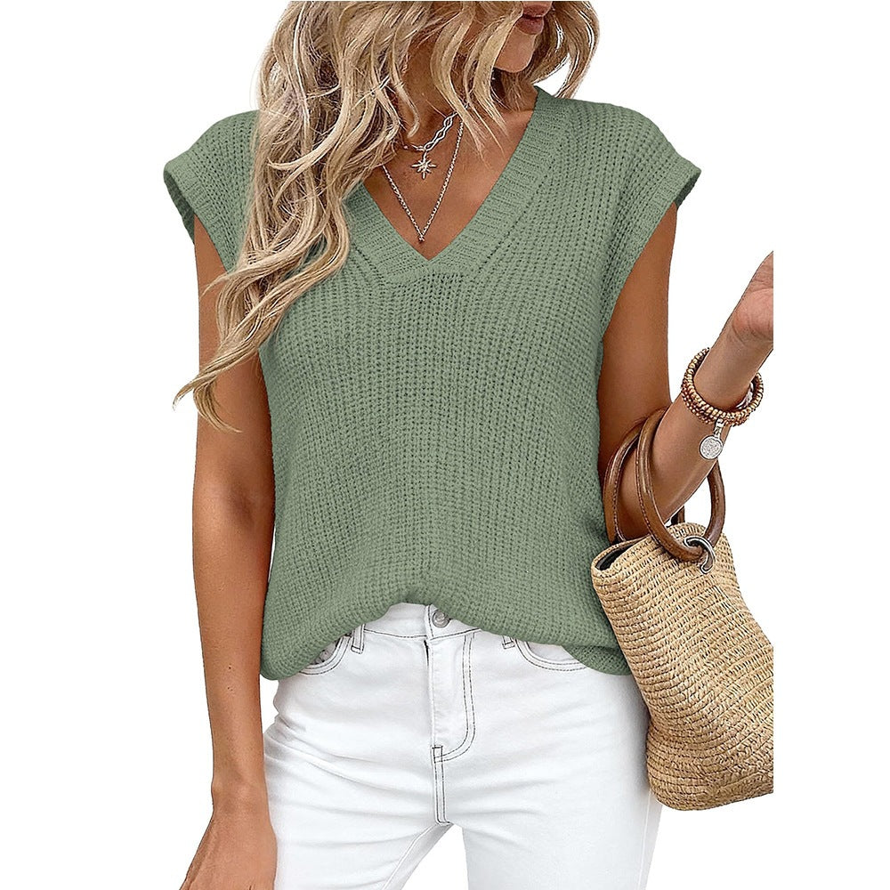 New Cross-Border European And American Women's Fashion Amazon Tk Hot-Selling Women's V-Neck Casual Top Short-Sleeve Chunky Knit Sweater