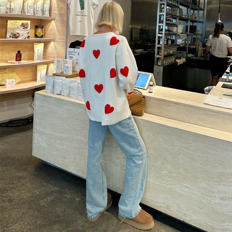 2024 European And American Pullover Love Sweater Crewneck Long Sleeve Loose Knitted All-match Sweater Casual Thickened Top