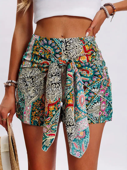 Spot European And American Cross-Border Independent Station Temu Amazon Printed High-Waisted Shorts, Bohemian Style Front-Knotted Shorts