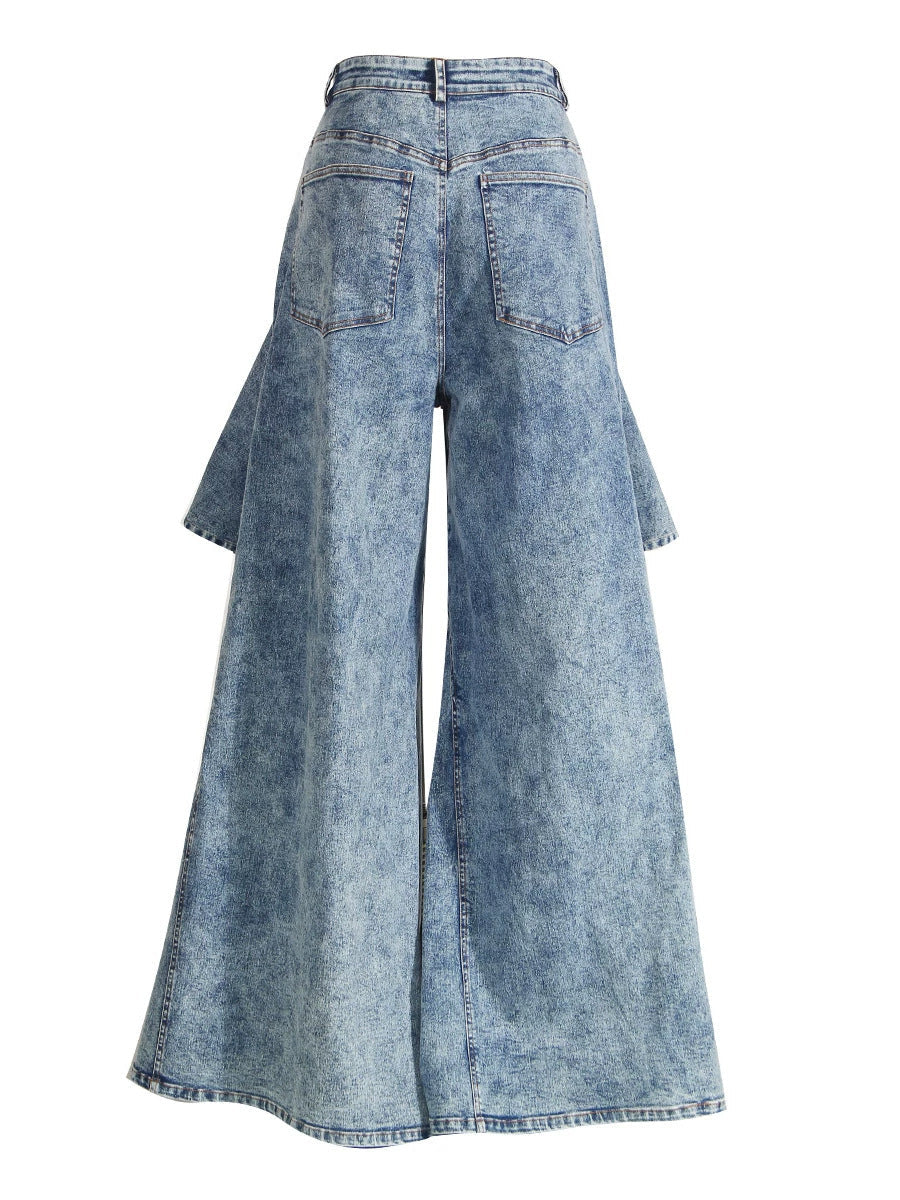 Vintage Washed Denim Asymmetric Ruffle Flare Wide Leg Pants