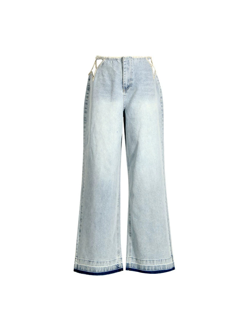 Light Washed Star Rhinestone Cutout Wide Leg Denim Jeans