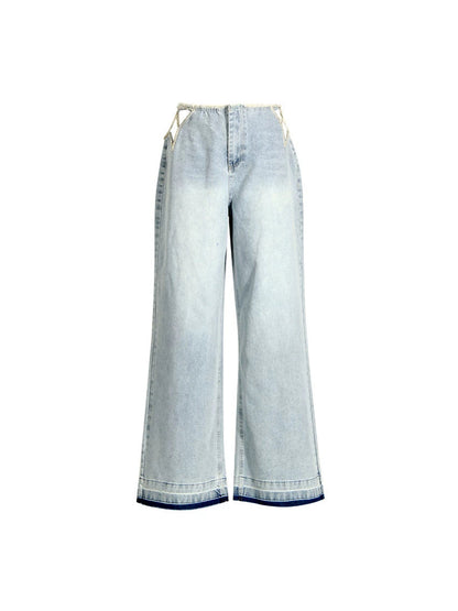 Light Washed Star Rhinestone Cutout Wide Leg Denim Jeans