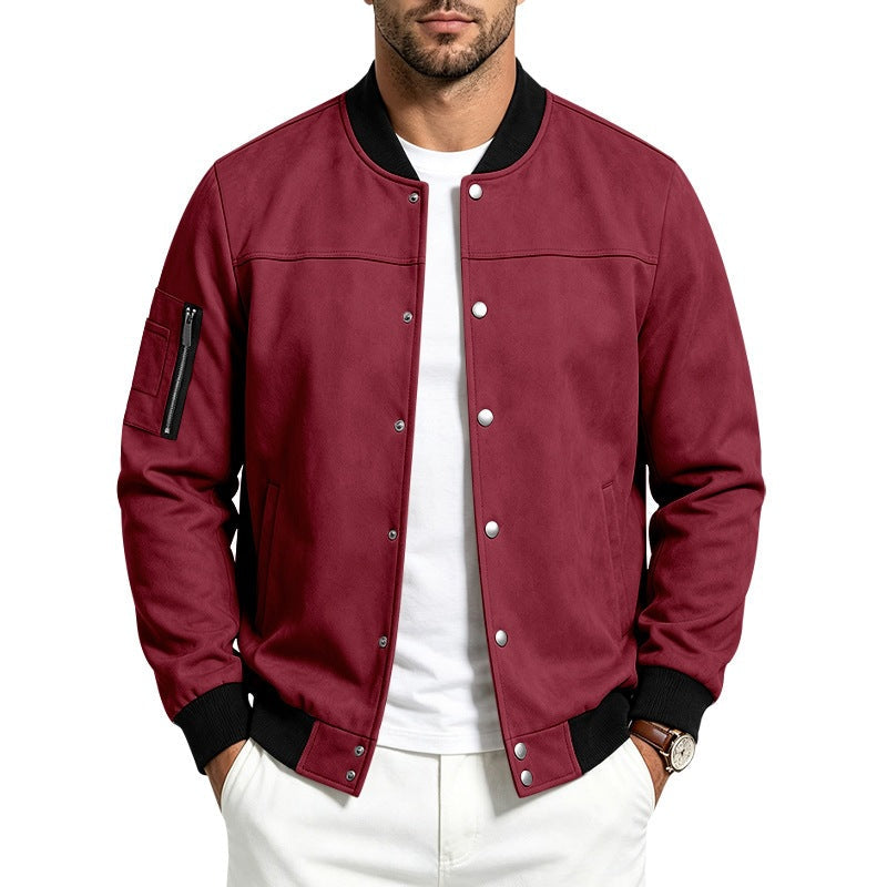 Mens Suede-Blend Casual Sporty Stand-Neck Jacket With Buttons