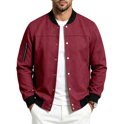 Mens Suede-Blend Casual Sporty Stand-Neck Jacket With Buttons