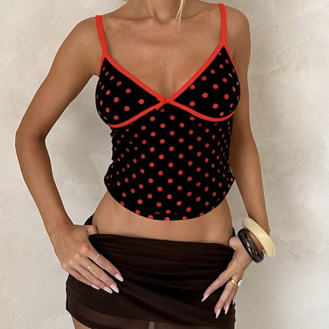 Lace Bow-Embellished Seam-Spliced Petite Sexy V-Neck Colorblock Vest