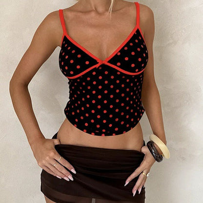 Lace Bow-Embellished Seam-Spliced Petite Sexy V-Neck Colorblock Vest