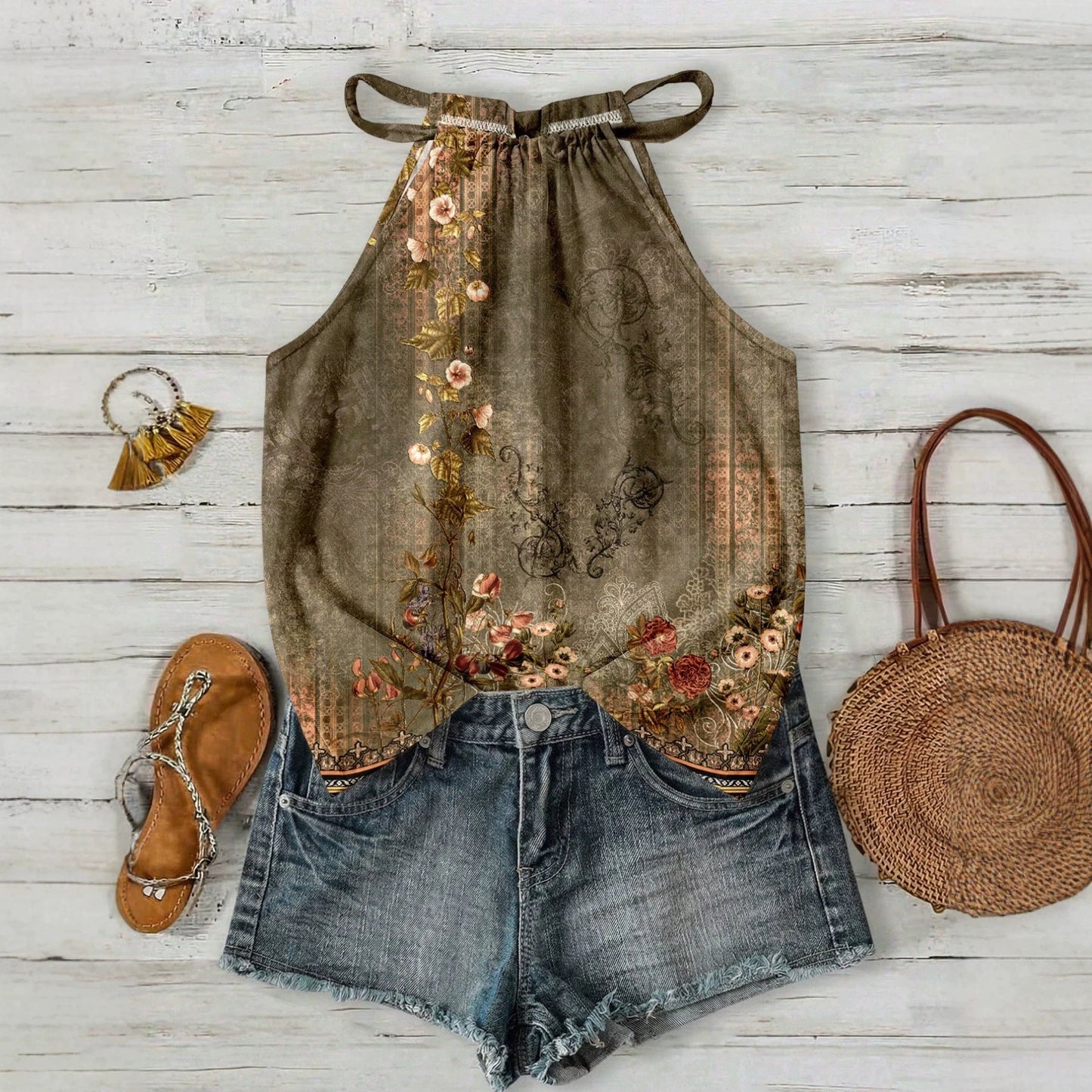 Womens Casual Resort-style Halter-neck Sleeveless Tank Top