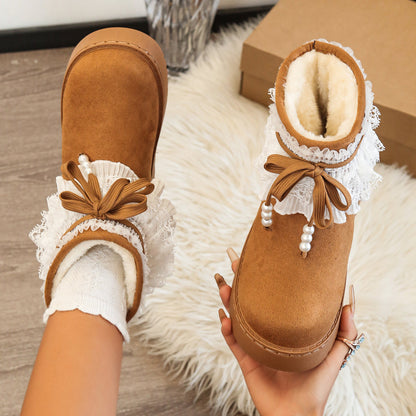 Lace Trim Bow Platform Snow Boots Women 2026 Winter New Sweet Fleece Lined Thickened Warm Cotton Boots
