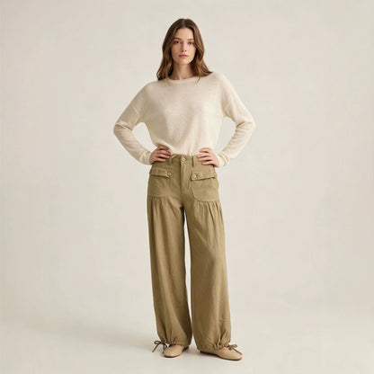 Loose-fit Womens Wide-leg Denim Jeans With Pockets And Ruffled Hems