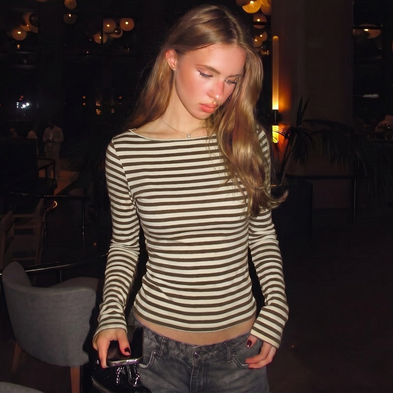 Stylish Crew-neck Long-sleeve Striped Slim-fit Top
