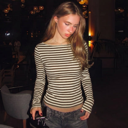 Stylish Crew-neck Long-sleeve Striped Slim-fit Top