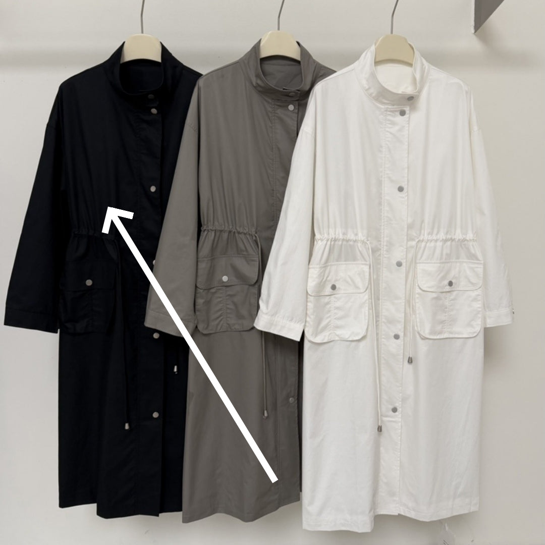 Loose Casual Stylish Long Trench Coat With A Stand Collar And Drawstring
