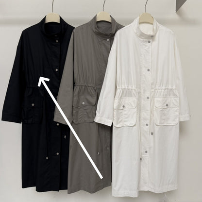 Loose Casual Stylish Long Trench Coat With A Stand Collar And Drawstring
